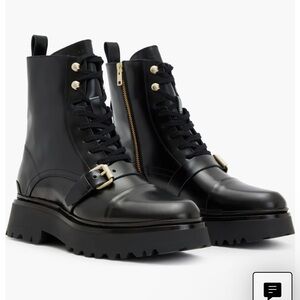 All Saints Black Combat Boots with Thick Sole and Silver Buckle